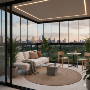 Amenajează inteligent terasa închisă cu sticlă glisantă: mobilier, lumini, plante și soluții de design interior pentru confort 365 de zile.