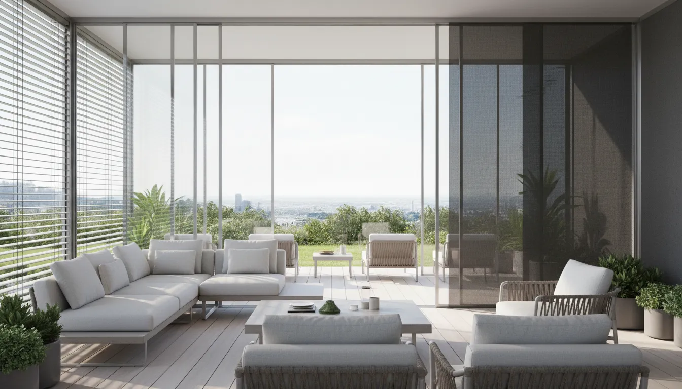 Comparare între jaluzele aluminiu și plasă solară la sistem de sticlă glisantă pe terasă