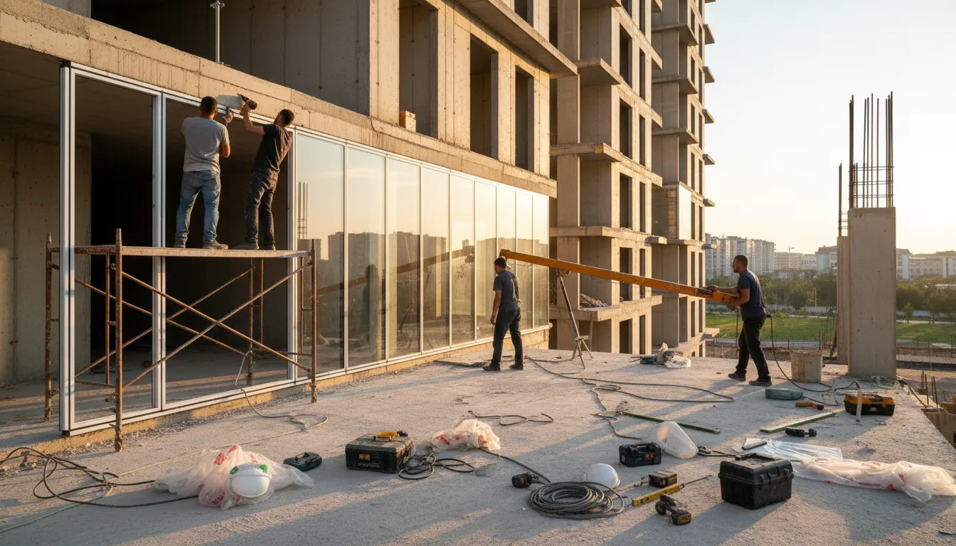 Specialiști montează un sistem de închidere pe o terasă reală