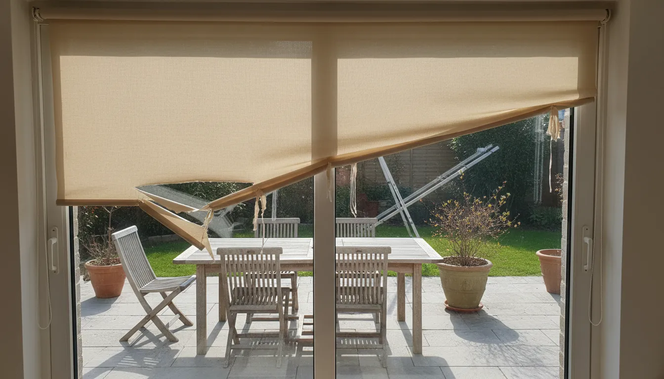 Rulou textil deteriorat din cauza montajului greșit pe sistem de sticlă glisantă