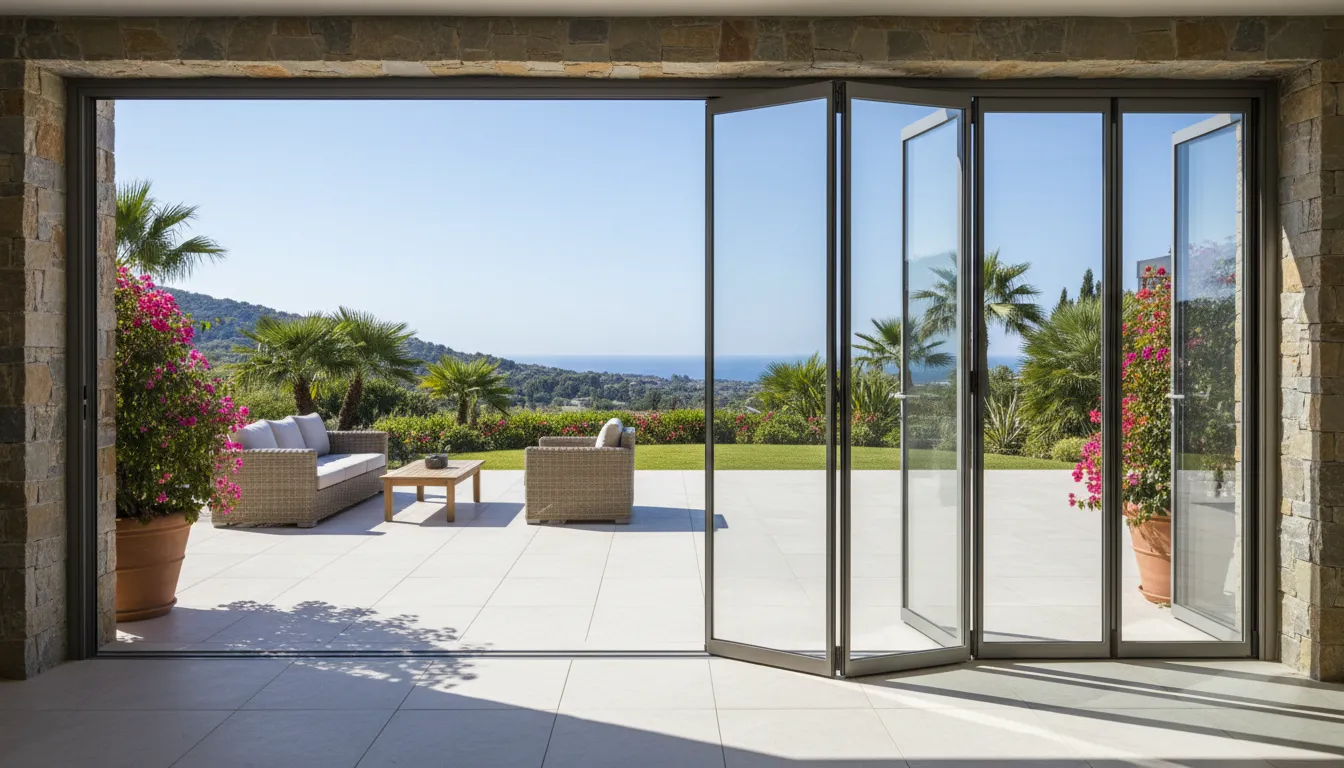 Panouri de sticlă armonică deschise la maxim pe terasa casei