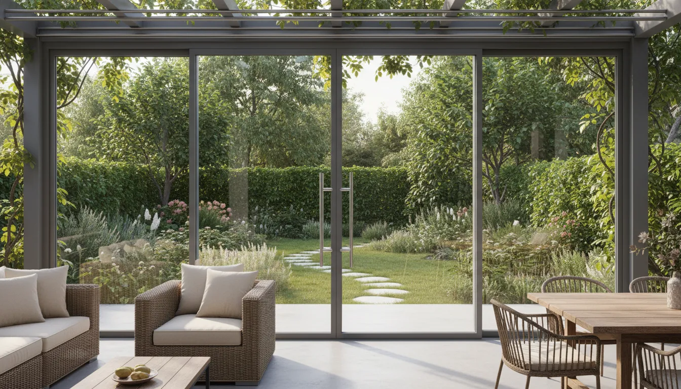 Sistem glisant de sticlă pe terasă cu vedere către grădină