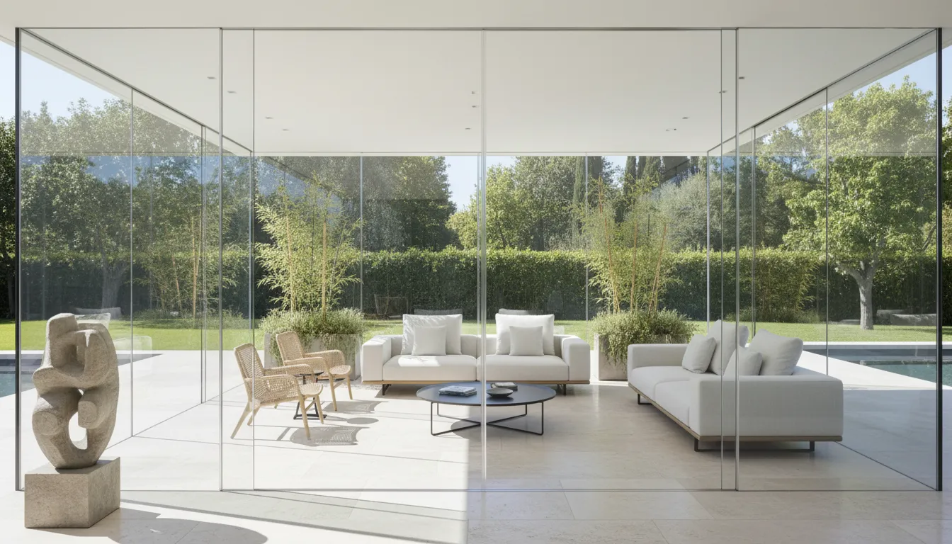 Spațiu de terasă cu pereți mari din sticlă glisantă inundat de lumină intensă și reflexii solare