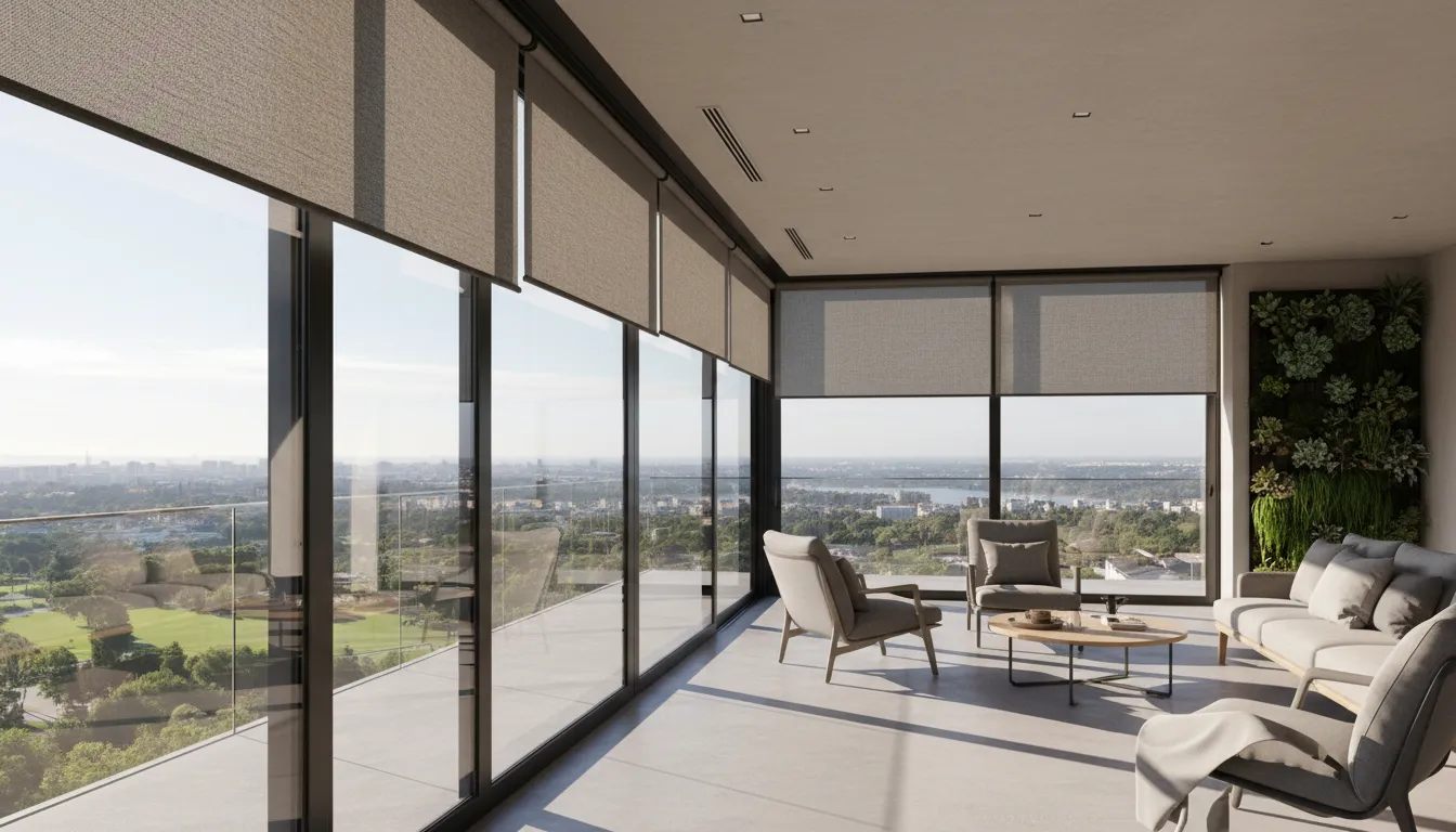 Terasa cu geamuri glisante, dotată cu soluții adaptative de umbrire orientate spre sud