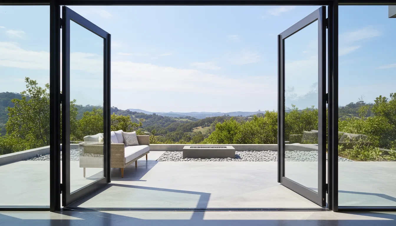 Uși batante de sticlă deschise pe o terasă exterioară